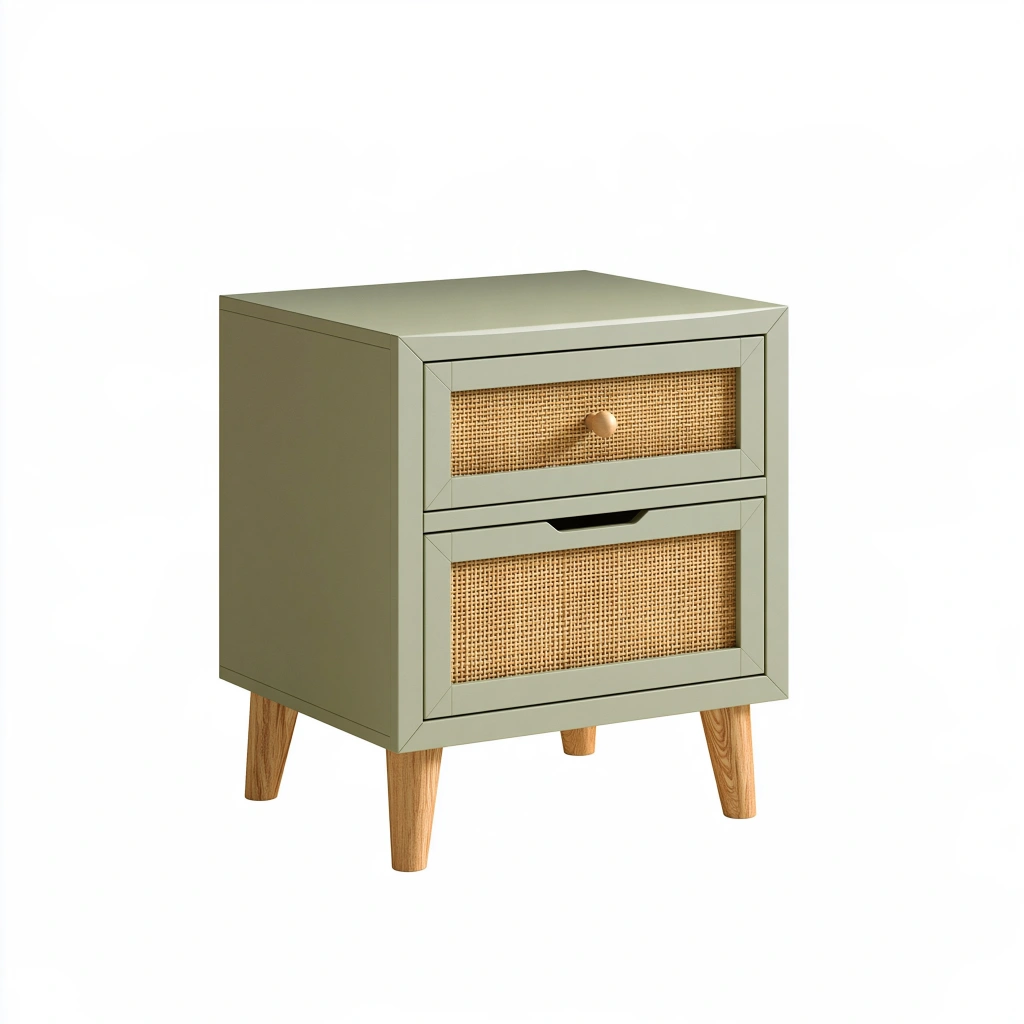 Comodino 45 x 40 x 60 cm in legno verde salvia con rattan intrecciato - 2 cassetti stile retrò