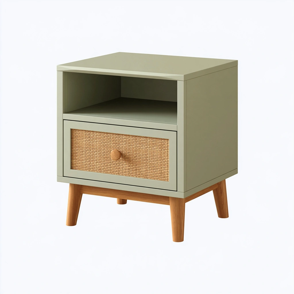 Comodino 45 x 40 x 60 cm in legno verde salvia con rattan stile naturale
