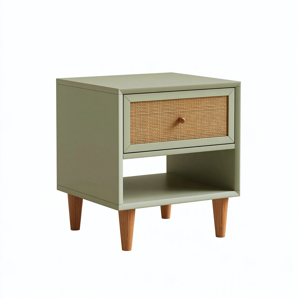 Comodino 45 x 40 x 60 cm in legno verde salvia con cassetto in rattan - stile retrò