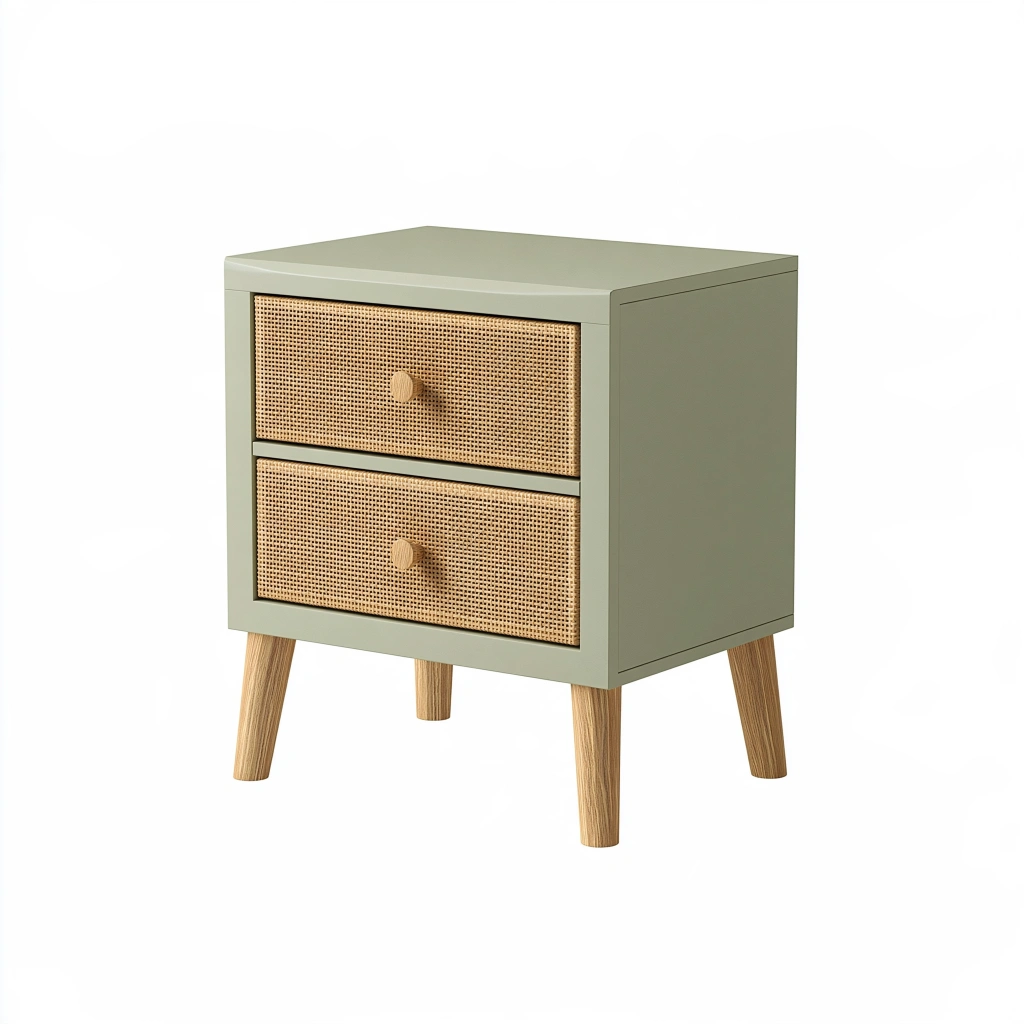 Comodino 45 cm 35 cm 60 cm in legno verde salvia e rattan - 2 cassetti stile nordico