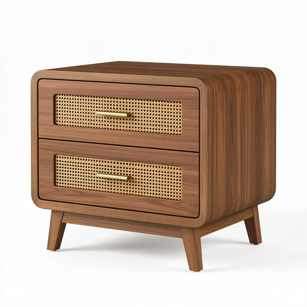 Comodino 60 x 40 x 55 cm in legno marrone con due cassetti e inserti in rattan