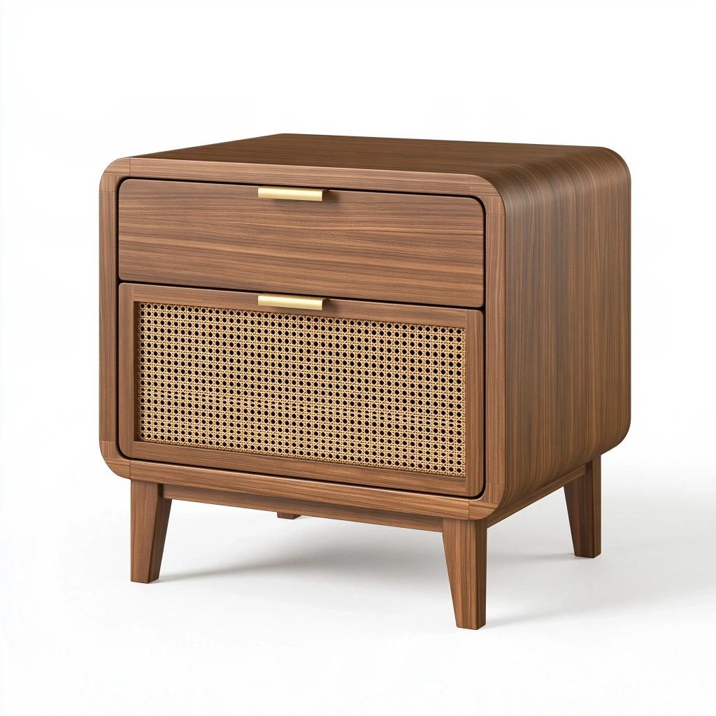 Comodino 55 x 40 x 60 cm in legno marrone con anta in rattan - stile retrò