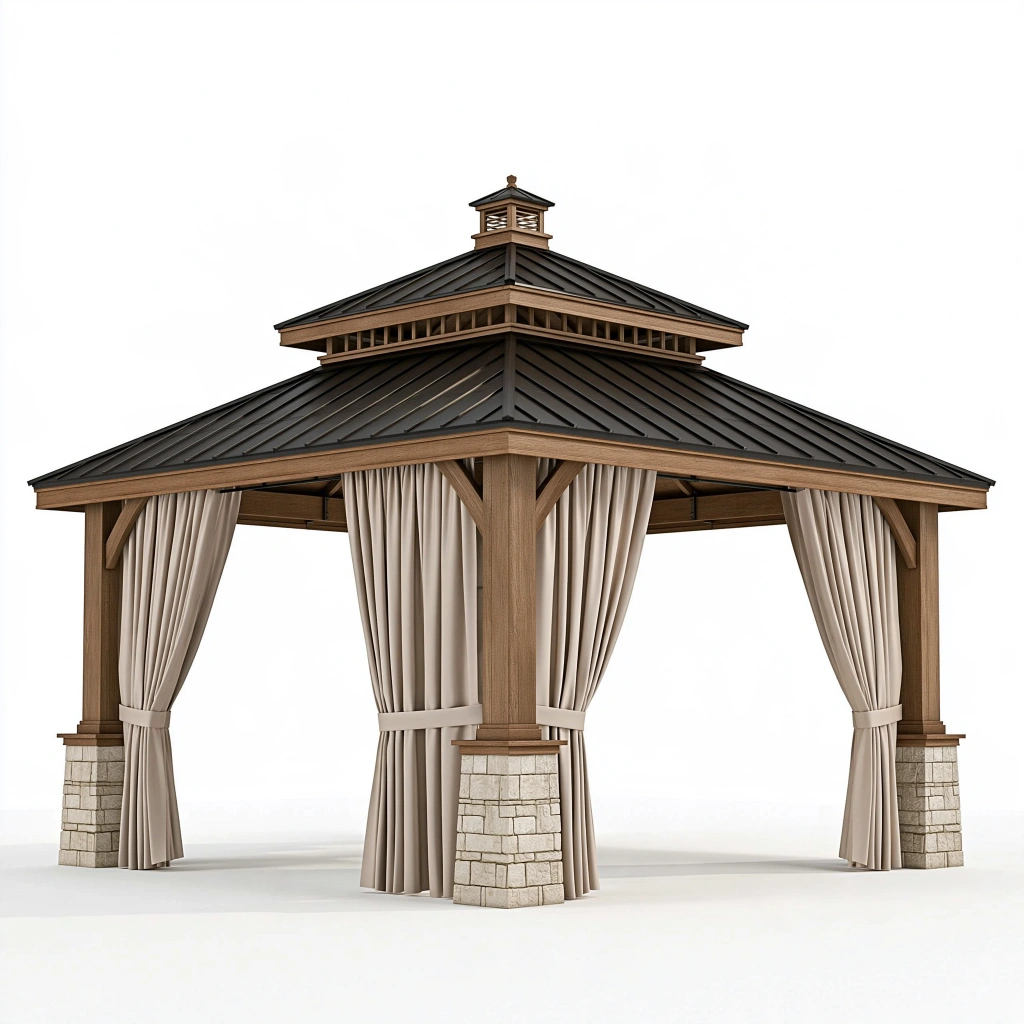 Gazebo da giardino 400 x 400 x 330 cm in legno marrone con tende e tetto in metallo