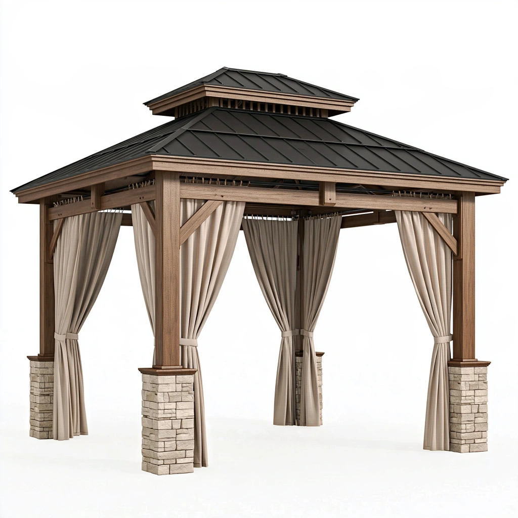 Gazebo da giardino 300 x 300 x 300 cm in legno marrone con tende beige stile rustico