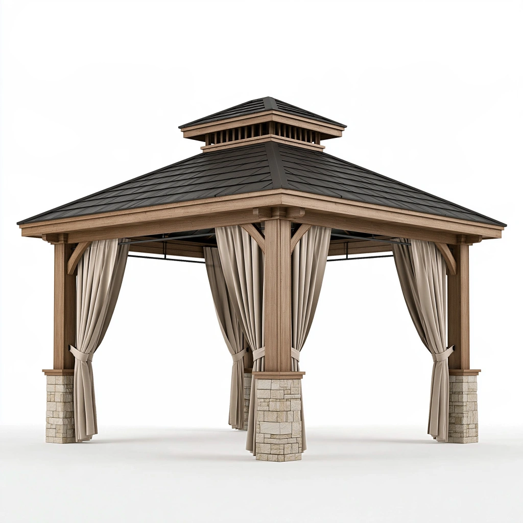 Gazebo da giardino 400 x 400 x 330 cm in legno marrone con tende e tetto scuro
