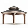 Gazebo da giardino 300 x 300 x 330 cm in legno beige con tetto in metallo e tende classico