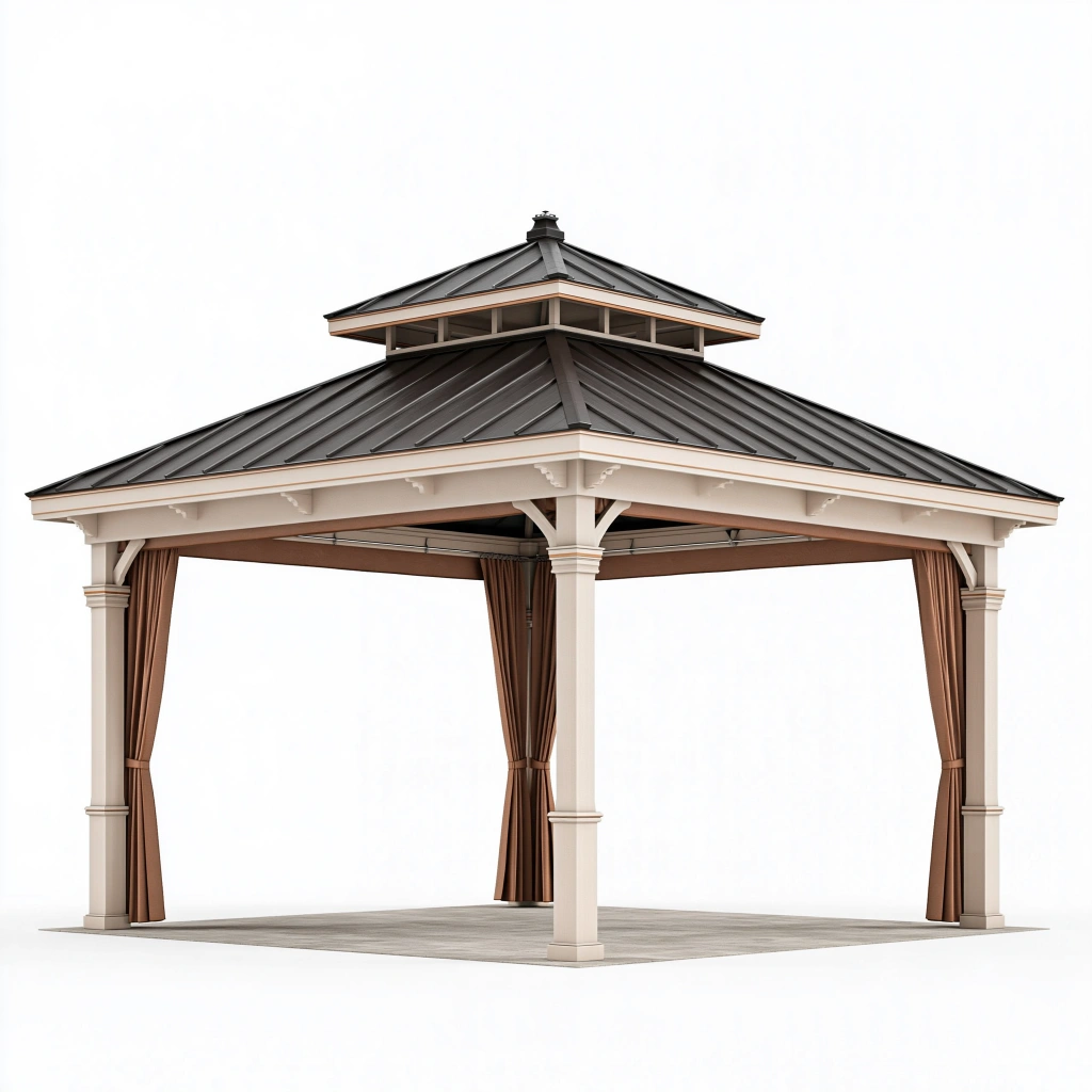 Gazebo da giardino 300 x 300 x 330 cm in legno beige con tetto in metallo e tende classico