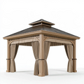 Gazebo da giardino 300 x 300 cm in legno marrone con tende e tetto in metallo