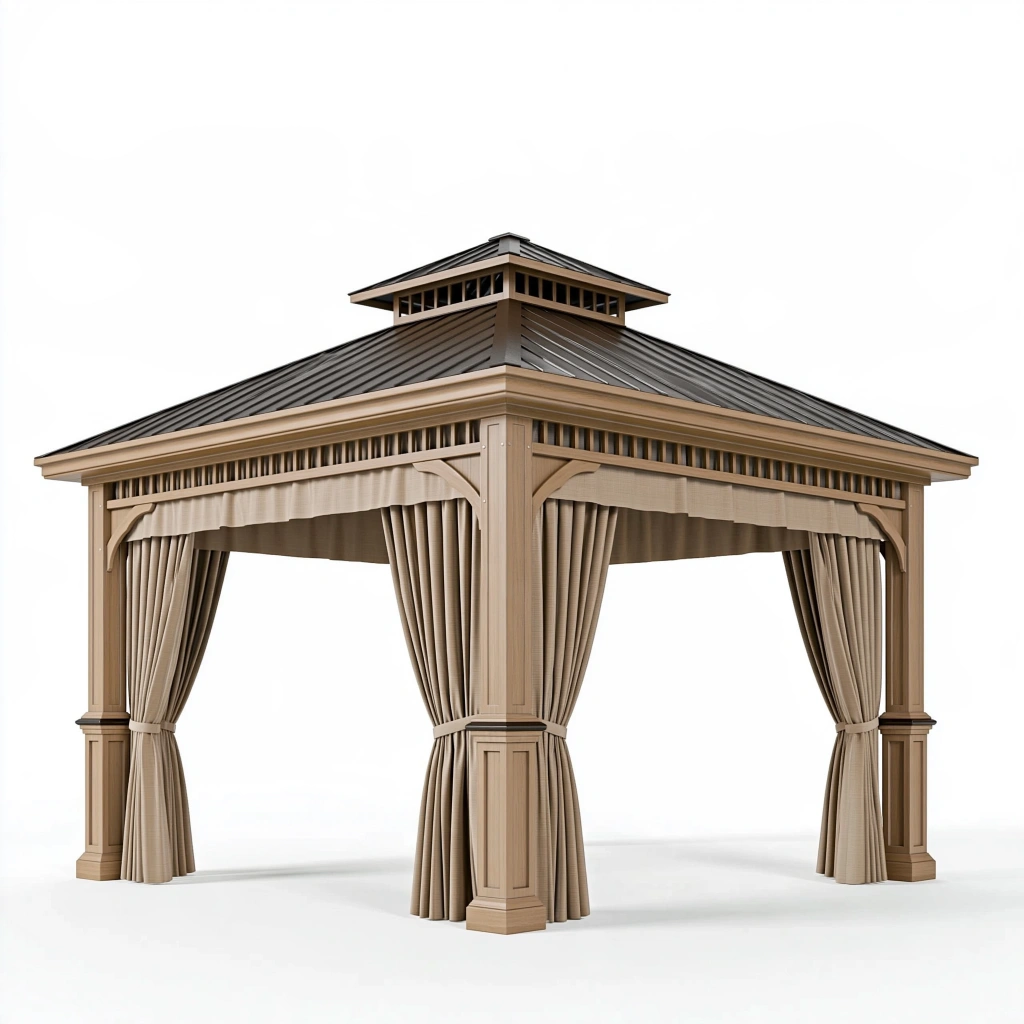 Gazebo da giardino 300 x 300 cm in legno marrone con tende e tetto in metallo