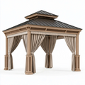 Gazebo da giardino 300 x 300 x 320 cm in legno marrone con tende beige e tetto in metallo