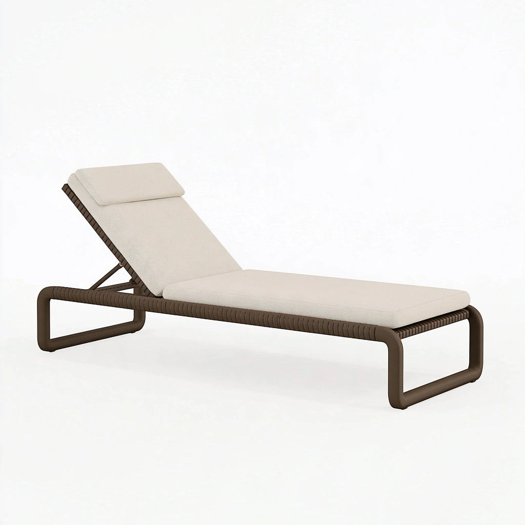 Lettino prendisole 200 x 70 cm in rattan sintetico marrone con rivestimento beige e schienale reclinabile
