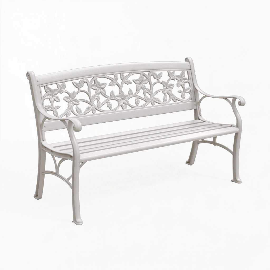 Panca da giardino 122 cm in metallo bianco con decorazione floreale classica