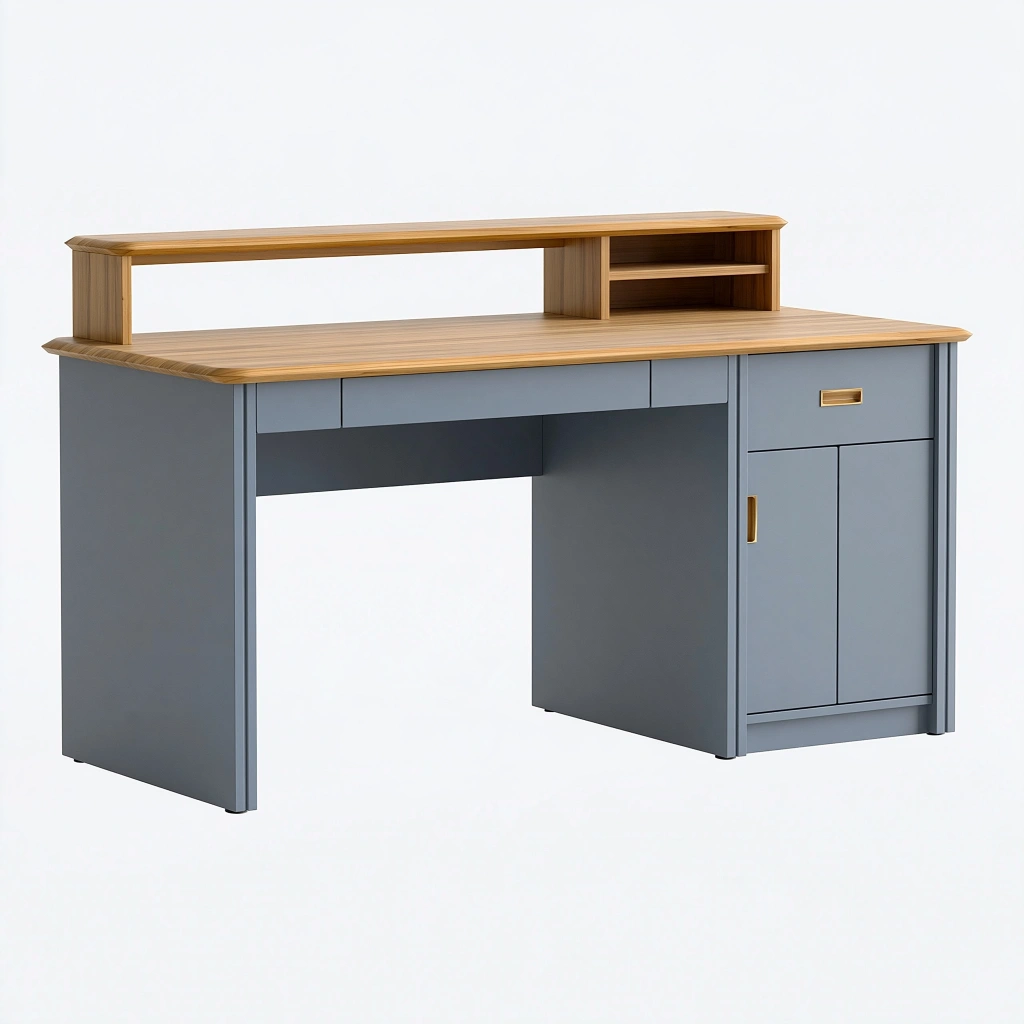 Scrivania 140 x 60 x 95 cm in legno grigio e naturale con cassetti ante e ripiano rialzato